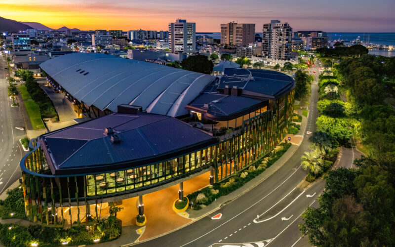 Cairns Convention Centre aerial shot at night