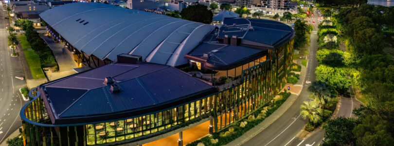 Cairns Convention Centre aerial shot at night